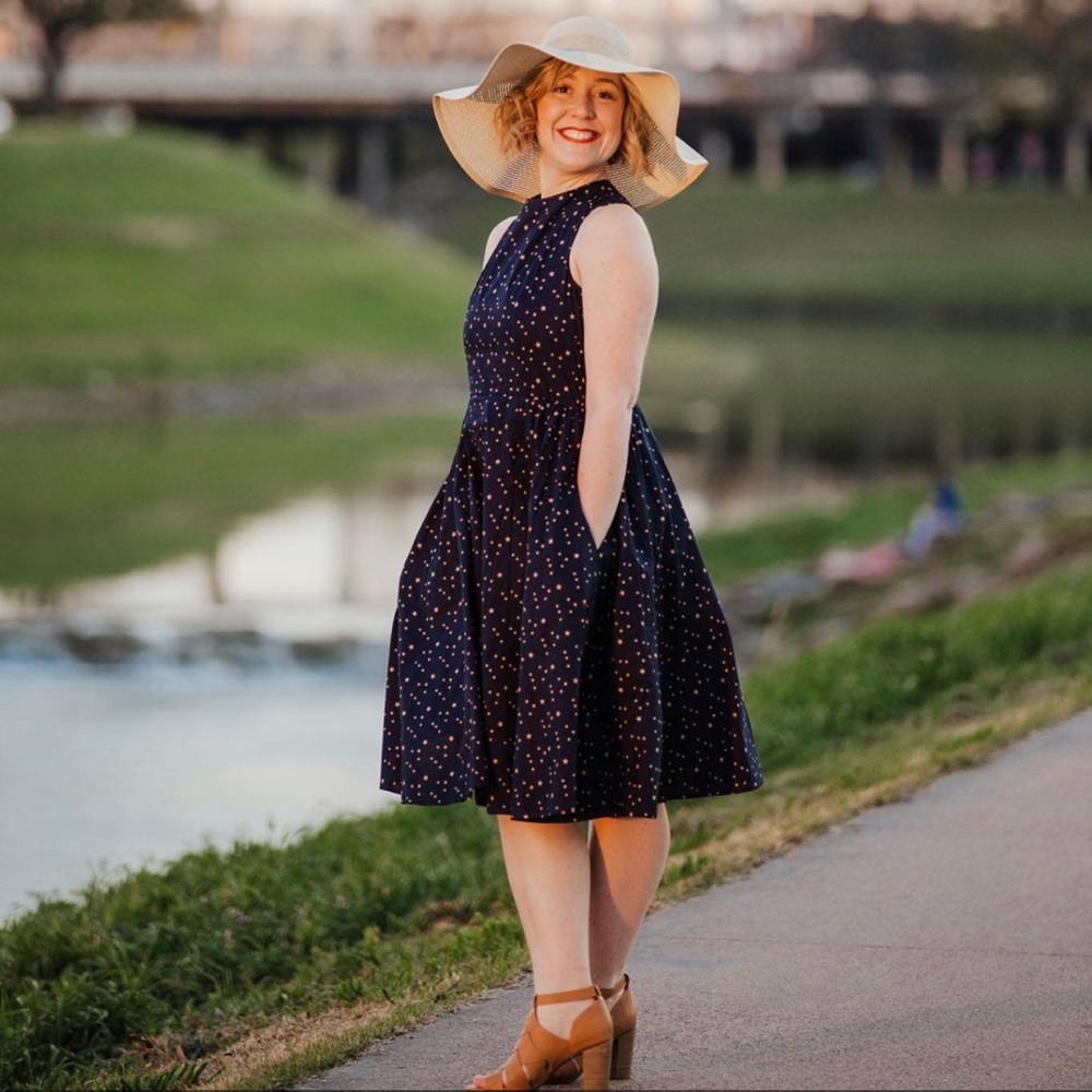 ModCloth Mid-length Dress, Size Small, Navy Blue w/ Stars, has Pockets!!